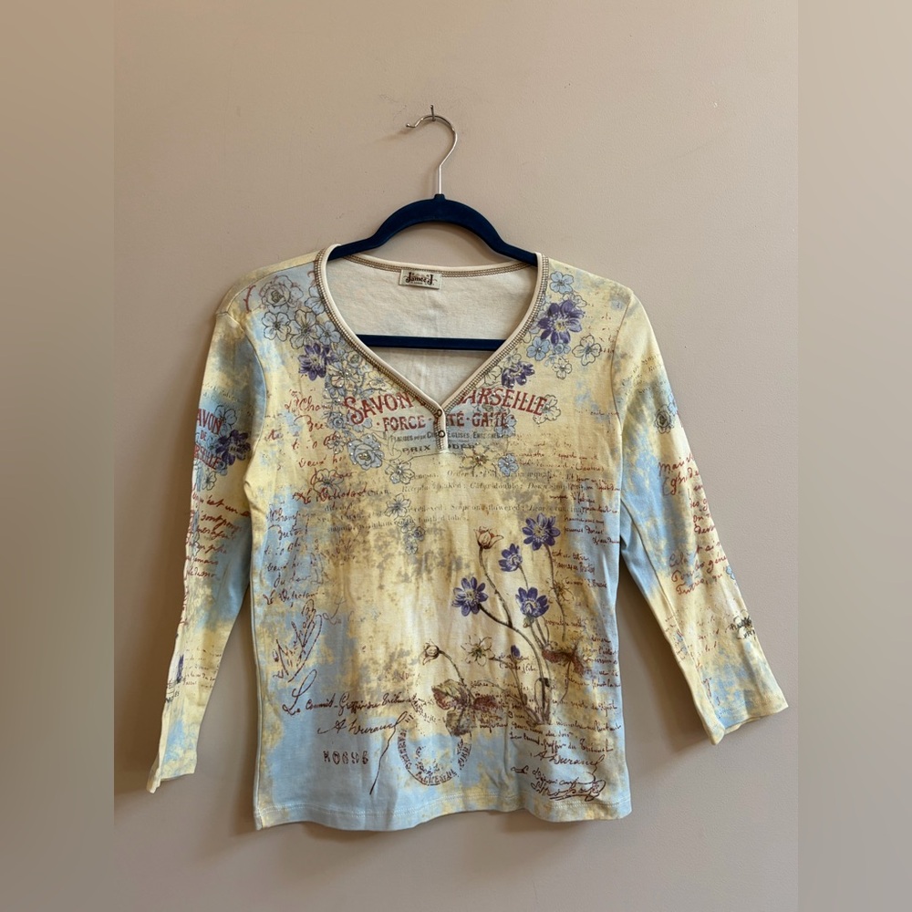 Jamee J Y2K Rhinestone Pattern V-Neck Cotton 3/4 Long Sleeve Shirt Top Blouse